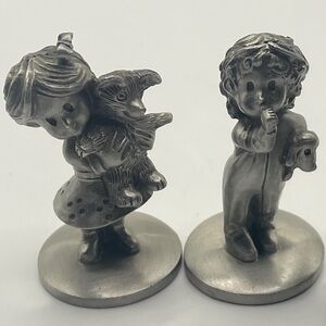 Vintage Pewter Silver Figurine Set of Girl and Boy with Teddy Bear &  Puppy